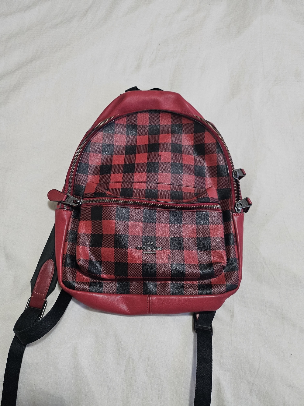 Coach Red and Black Buffalo Check Mini Backpack with Leather Trim